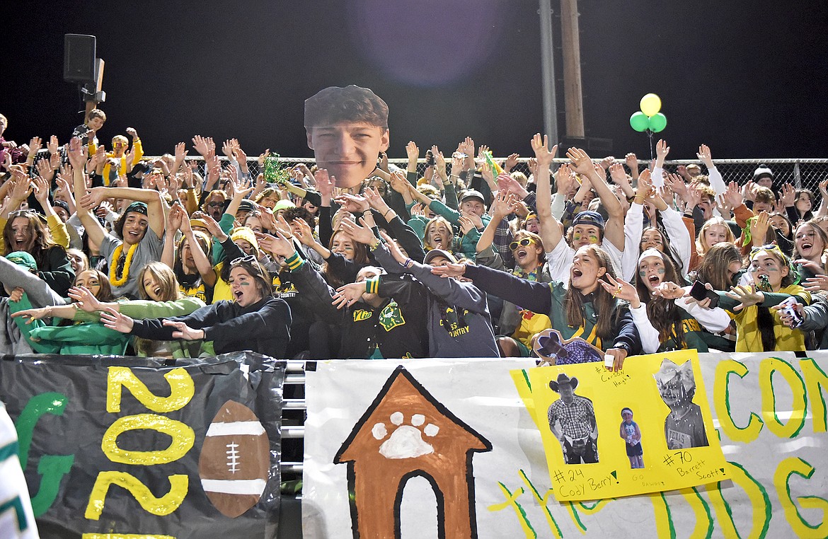 The student section at the Whitefish homecoming football game cheers from the stands on Friday night. (Whitney England/Whitefish Pilot)