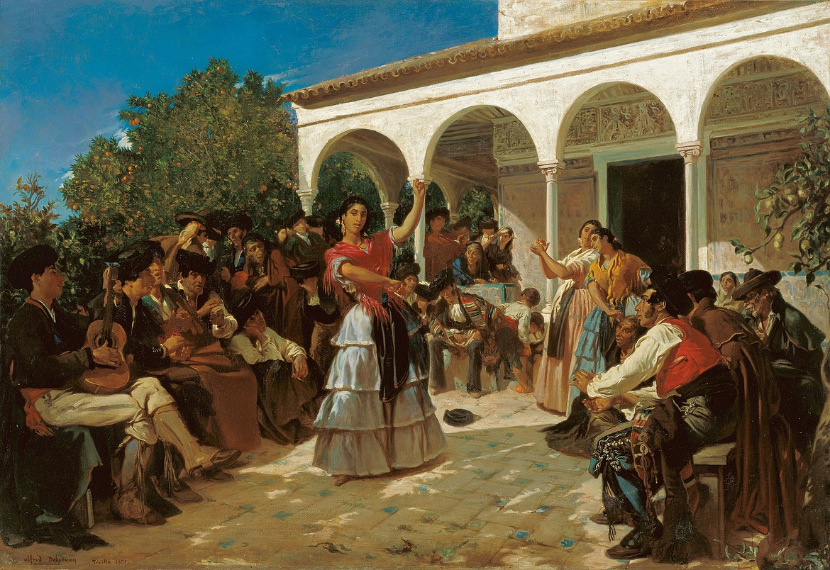 The roots of flamenco music are the Gypsies of Andalusia in Spain, this painting by Alfred Dehodencq depicting Gypsy dancing in gardens of the Alcázar, in front of King Charles V Pavilion (1851).