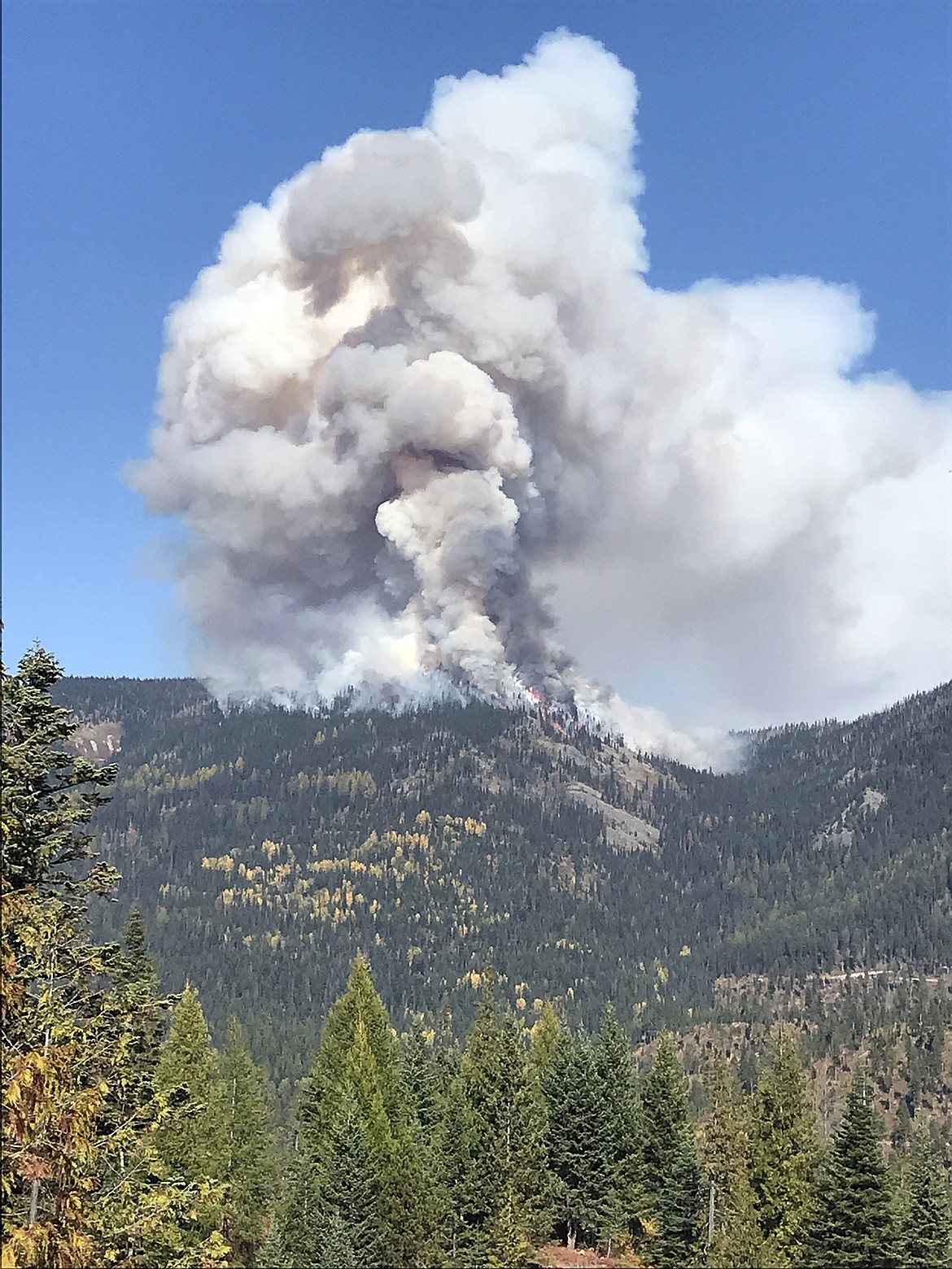 A prescribed burn on the Whitefish Range near Big Mountain sends up a plume of smoke on Tuesday afternoon. (Photo provided)