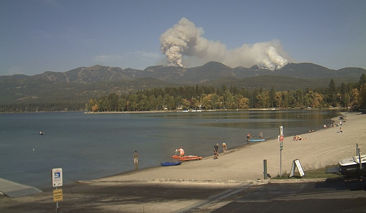 A plume of smoke from a prescribed burn ner Big Mountain is seen from the Whitefish City Beach webcam on Tuesday afternoon.