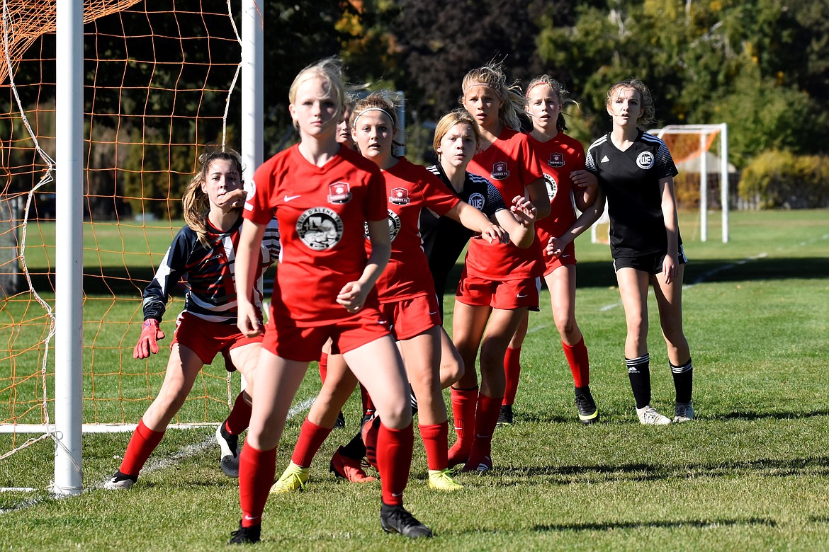 Photo by SUZI ENTZI
Thorns North FC 08 Girls Red soccer team players defending their goal on Sunday in Spokane. Thorns pictured in red are Hailoh Whipple, goalie Macy Walters, Avry Wright, Ella Pearson and Nora Ryan.