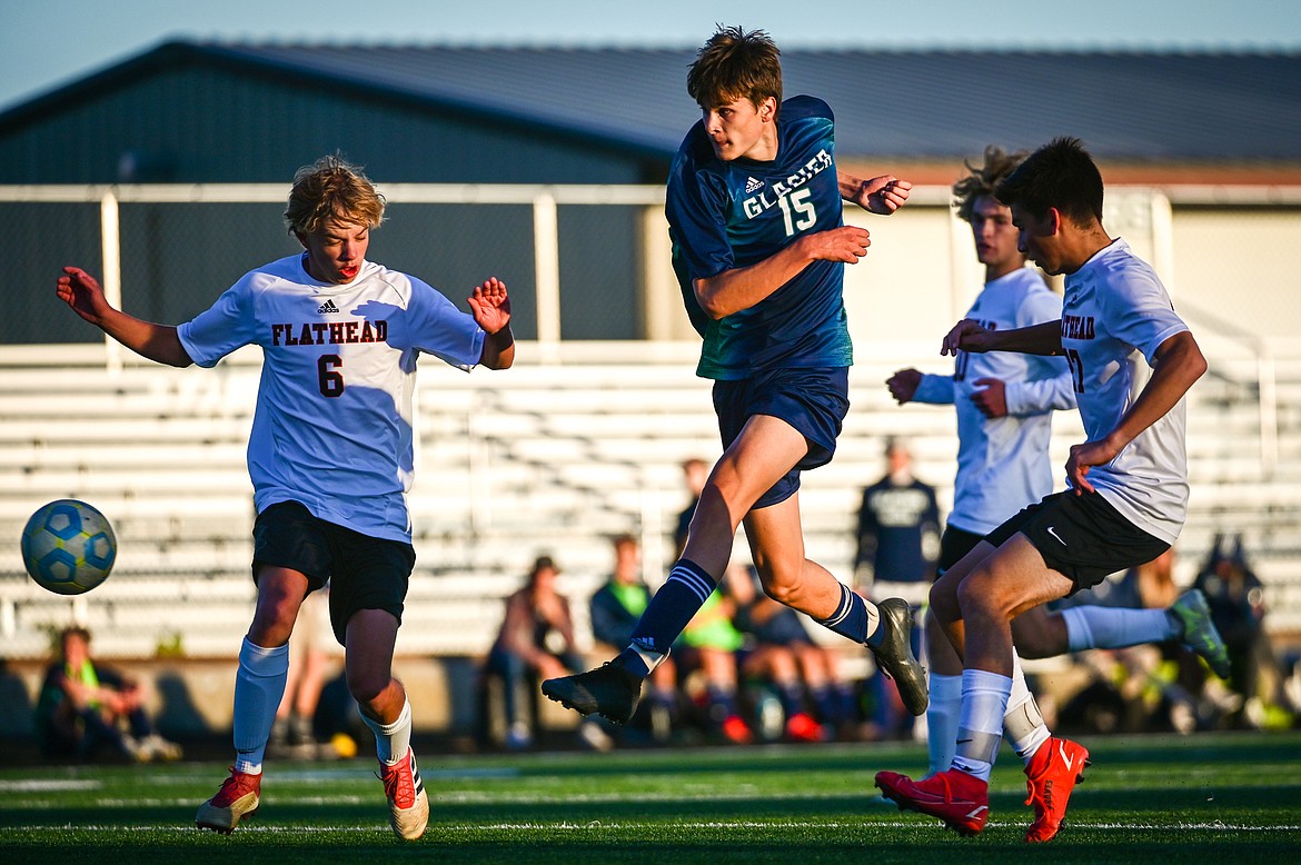 Glacier's Bridger Dalla Betta (15) scores a goal in the first half against Flathead at Legends Stadium on Thursday, Oct. 7. (Casey Kreider/Daily Inter Lake)