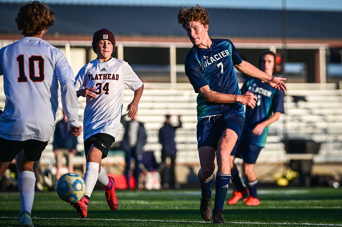 Glacier's Sullivan Coggins (7) shoots in the first half against Flathead at Legends Stadium on Thursday, Oct. 7. (Casey Kreider/Daily Inter Lake)