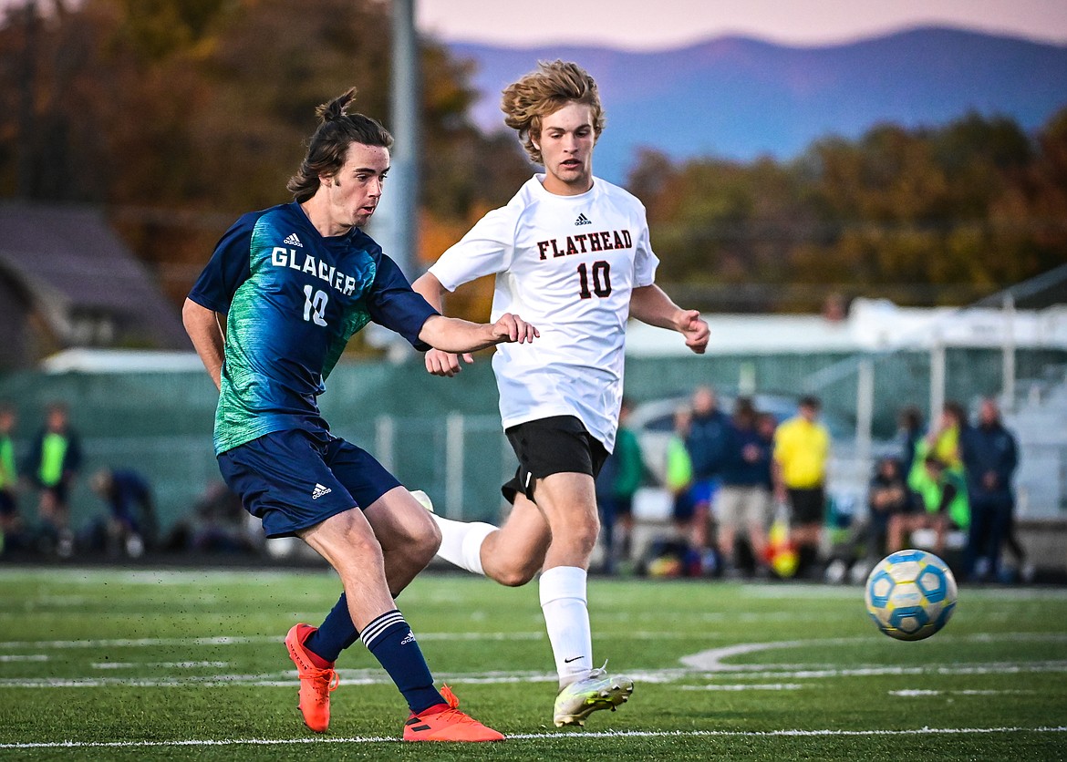 Glacier's Zane Elliott (10) scores a goal in the second half against Flathead at Legends Stadium on Thursday, Oct. 7. (Casey Kreider/Daily Inter Lake)