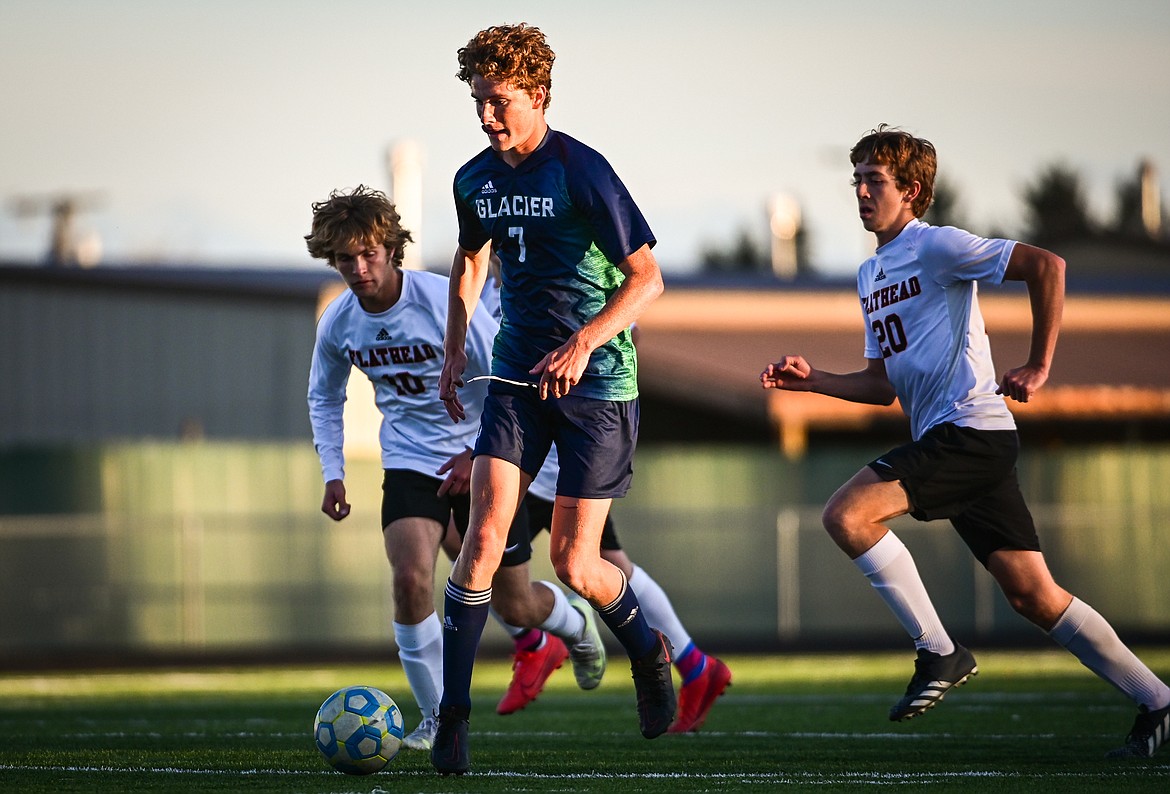 Glacier's Sullivan Coggins (7) pushes the ball upfield in the first half against Flathead at Legends Stadium on Thursday, Oct. 7. (Casey Kreider/Daily Inter Lake)