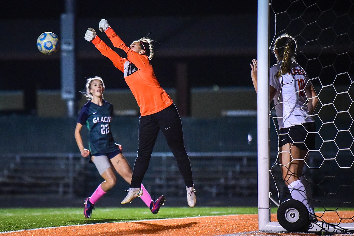 Flathead goalkeeper Sara Harrison (12) makes a save in the first half against Glacier at Legends Stadium on Thursday, Oct. 7. (Casey Kreider/Daily Inter Lake)