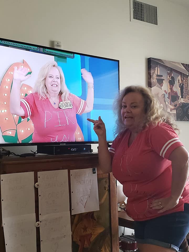 Plains native Debbie Griggs, who now lives in California, points to herself on the television game show "Price is Right." The show appeared on Oct. 6. (Photo courtesy Debbie Griggs)