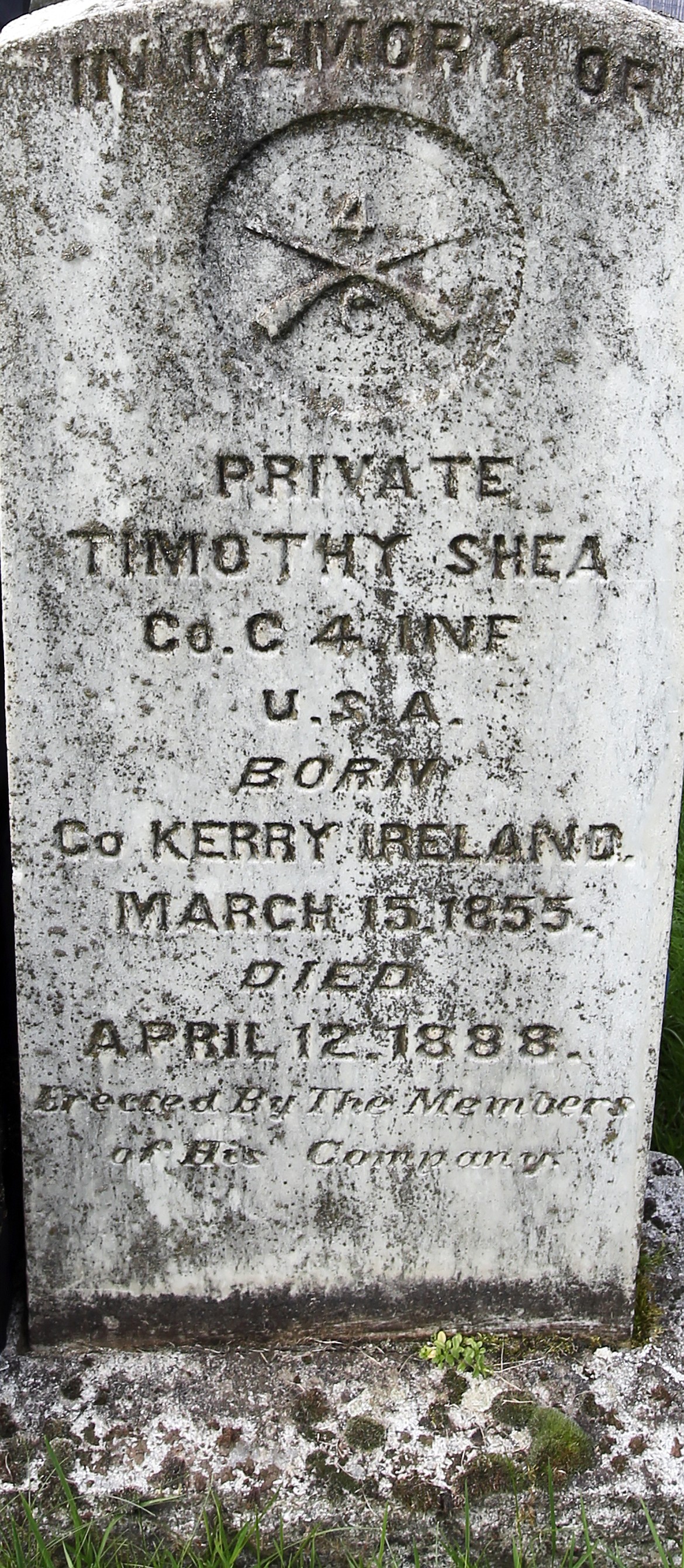 Timothy Shea from Kerry County Ireland served in the U.S. military infantry. He is the only soldier from the Fort Sherman era that was not relocated when the Post moved to Spokane in the 1890s.