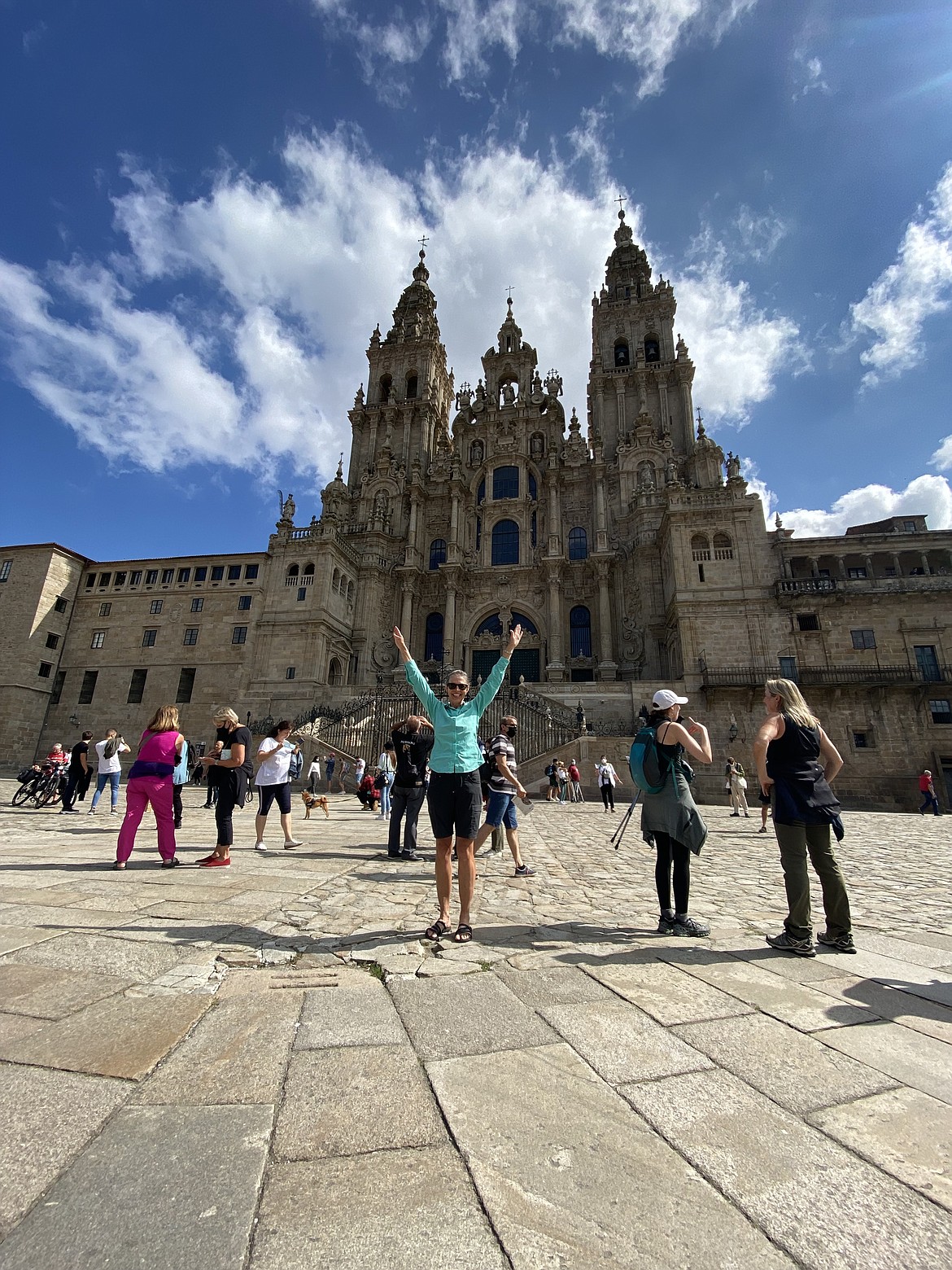 Post Falls resident Susan Jacobson celebrates her arrival in front of the Santiago de Compostela, the possible burial site of St. James.
Courtesy photo