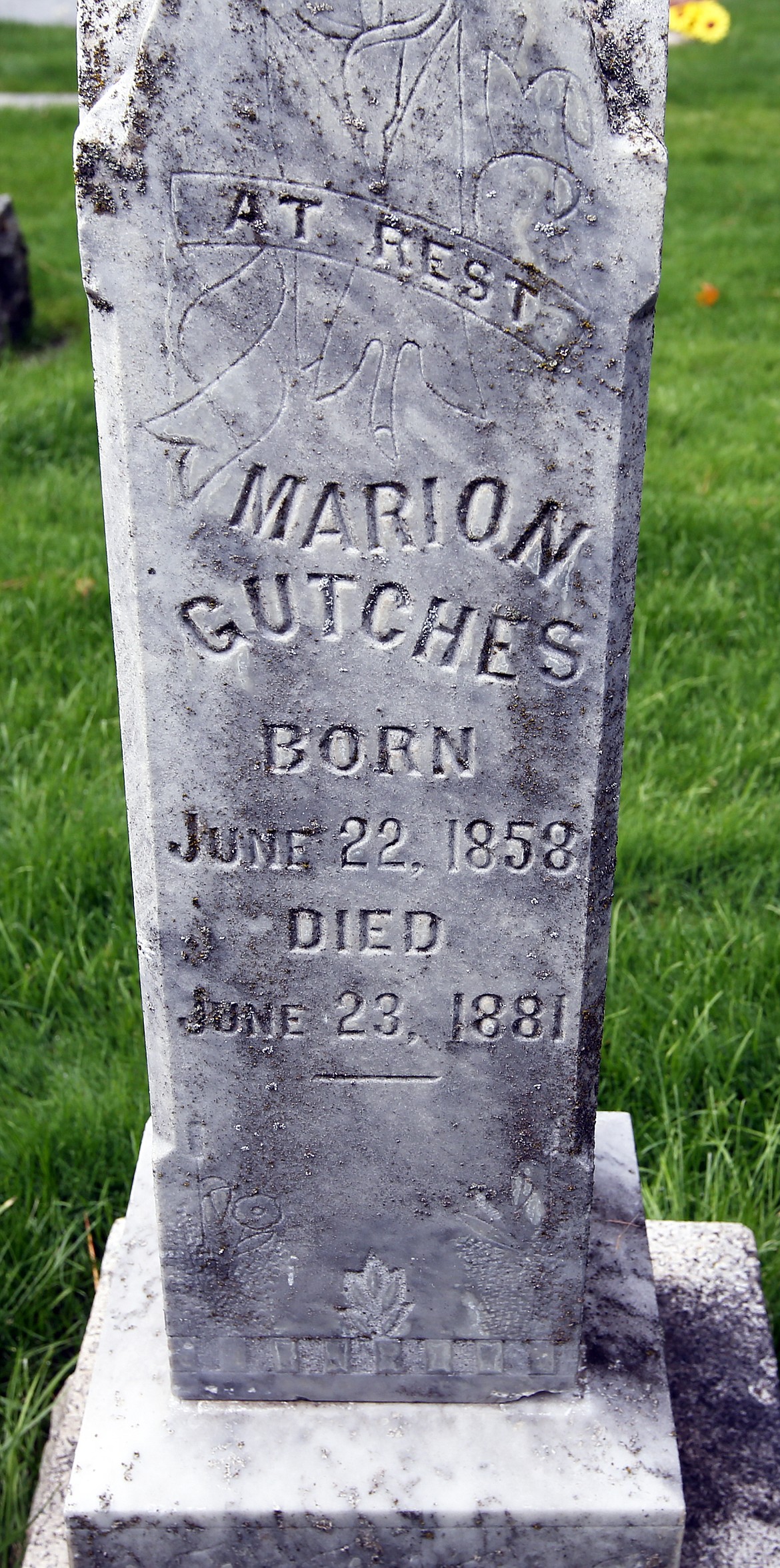 The gravesite for Marion Gutches is the oldest burial in Forest Cemetery. It's in the original Fort Sherman Cemetery, which is referred to as the 'Old Post' section.