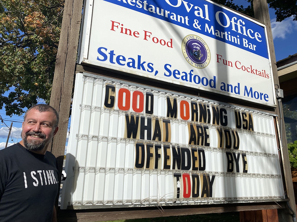 Raci Erdem, the owner of the White House Grill and the Oval Office Restaurant & Martini Bar, put up his "Good Morning USA" sign to lighten peoples spirit's during the COVID-19 pandemic. Employees and customers liked it so much, Erdem put it on a t-shirt. (MADISON HARDY/Press)