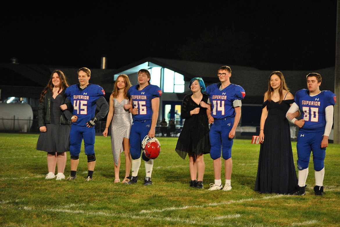 The Superior High School Homecoming Royalty included, from left, are seniors Alli Parkin and Heath Edison, juniors Payton Milender and William Buchanan, sophomores Taylor Awbery and Ramzee Boyle, and freshmen Braelynn Mangold and Owen Belcher. (Amy Quinlivan/Mineral Independent)