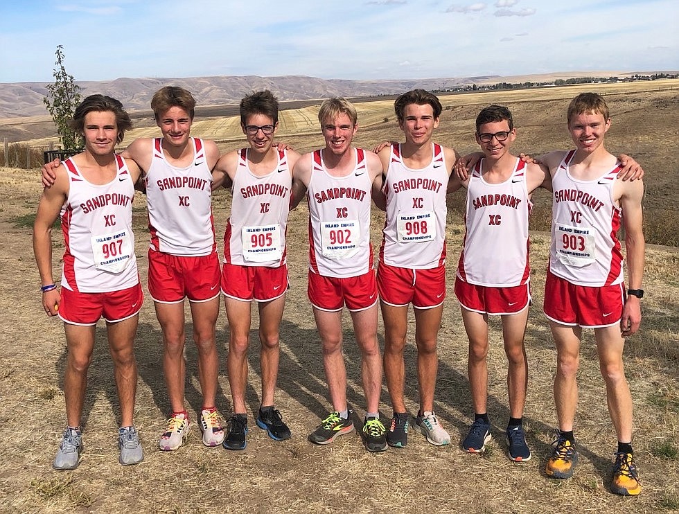 The Sandpoint boys cross country team poses for a photo. Pictured (from left): Slate Fragoso, Kasten Grimm, Daniel Ricks, Ben Ricks, Trey Clark, Nathan Roche and Caleb Roche.