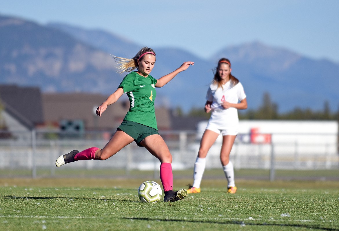 Bulldog Sophie Olson winds up to advance the ball up the field during a game in Whitefish on Thursday. (Whitney England/Whitefish Pilot)