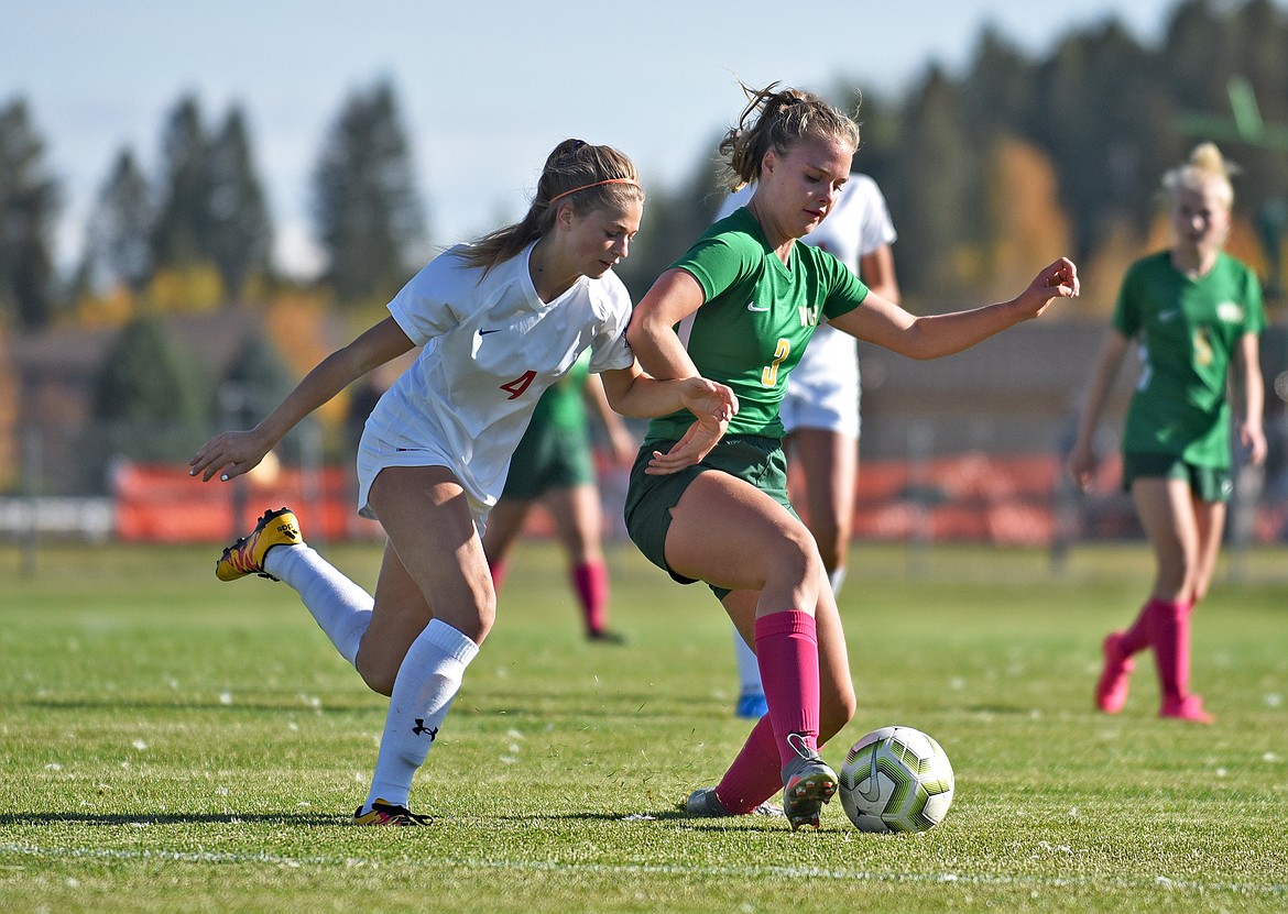 Whitefish midfielder Olivia Genovese works to keep possession of the ball during a game against Bigfork in Whitefish on Thursday. (Whitney England/Whitefish Pilot)