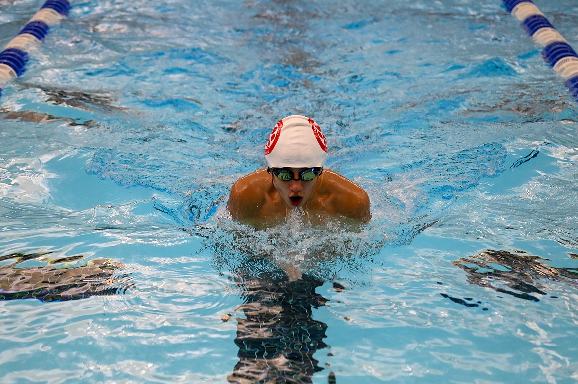 Sophomore Harrison Gedde competes in the 100 breaststroke on Saturday at the Kroc Center.