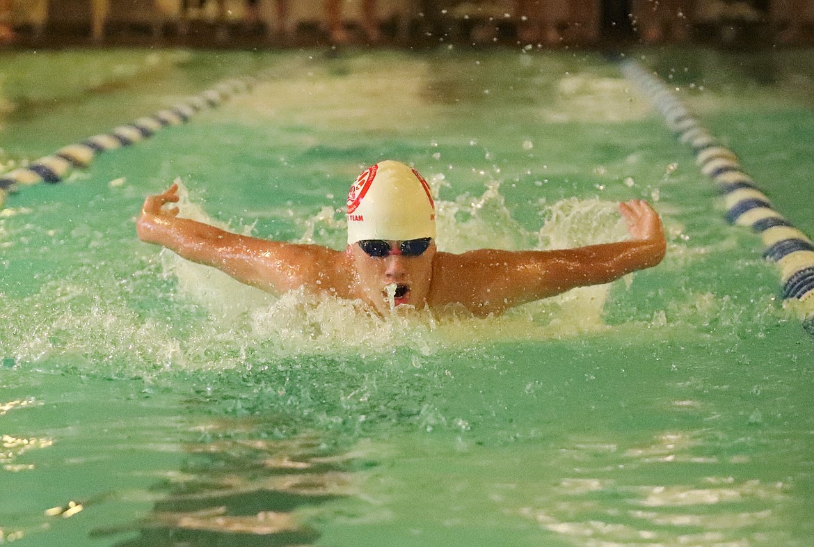 Lon LeBlanc swims the butterfly in the 200 medley relay on Friday.