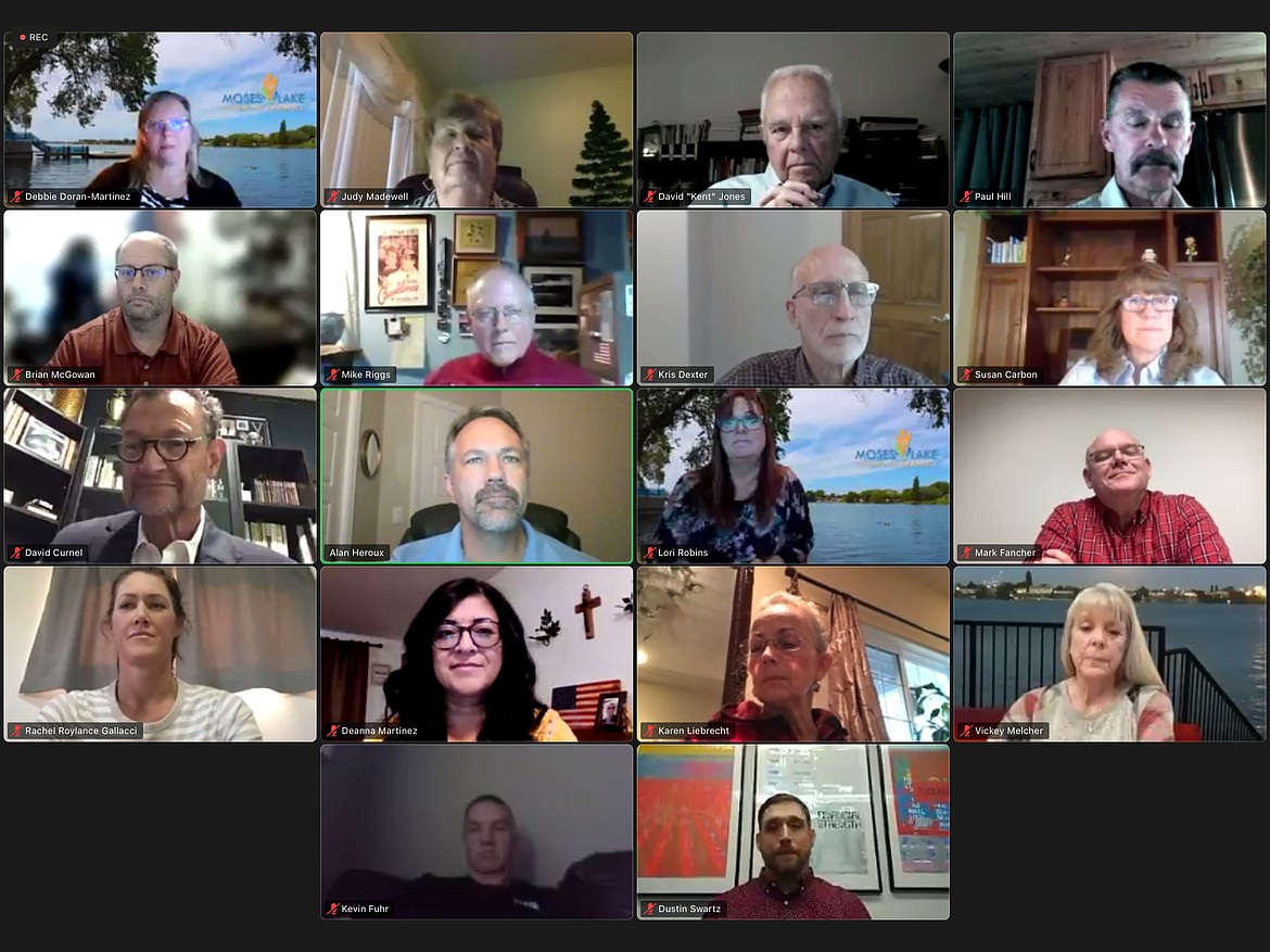 Candidates appear in Monday night’s online candidate forum. Top row, from left, are: Debbie Doran-Martinez (Moses Lake Chamber of Commerce), Judy Madewell (running for Moses Lake City Council), David “Kent” Jones (running for Port of Moses Lake Commission), and Paul Hill (running for Moses Lake School Board).
Second row from the top, from the left, are: Brian McGowan (running for Grant County Public Hospital District 1), Mike Riggs (running for Moses Lake City Council), Kris Dexter (running for Port of Moses Lake Commission), and Susan Carbon (running for Grant County Public Hospital District 1).
Third row, from the left, are: David Curnel (running for Moses Lake City Council), Alan Heroux (moderator), Lori Robins (Moses Lake Chamber of Commerce), and Mark Fancher (running for Moses Lake City Council).
Fourth row, from the left, are: Rachel Roylance Gallacci (running for Moses Lake School Board), Deanna Martinez (running for Moses Lake City Council), Karen Liebrecht (running for Moses Lake City Council), and Vickey Melcher (running for Moses Lake School Board).
Bottom row, from the left, are: Kevin Fuhr (running for Moses Lake School Board), and Dustin Swartz (running for Moses Lake City Council).