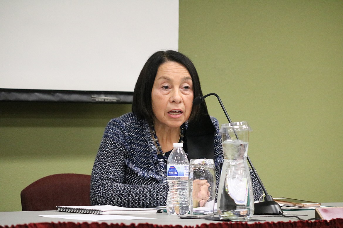 Lita Burns, acting President of North Idaho College, speaks at the North Idaho College Board of Trustees meeting at the college's main campus in Coeur d'Alene Tuesday evening. HANNAH NEFF/Press