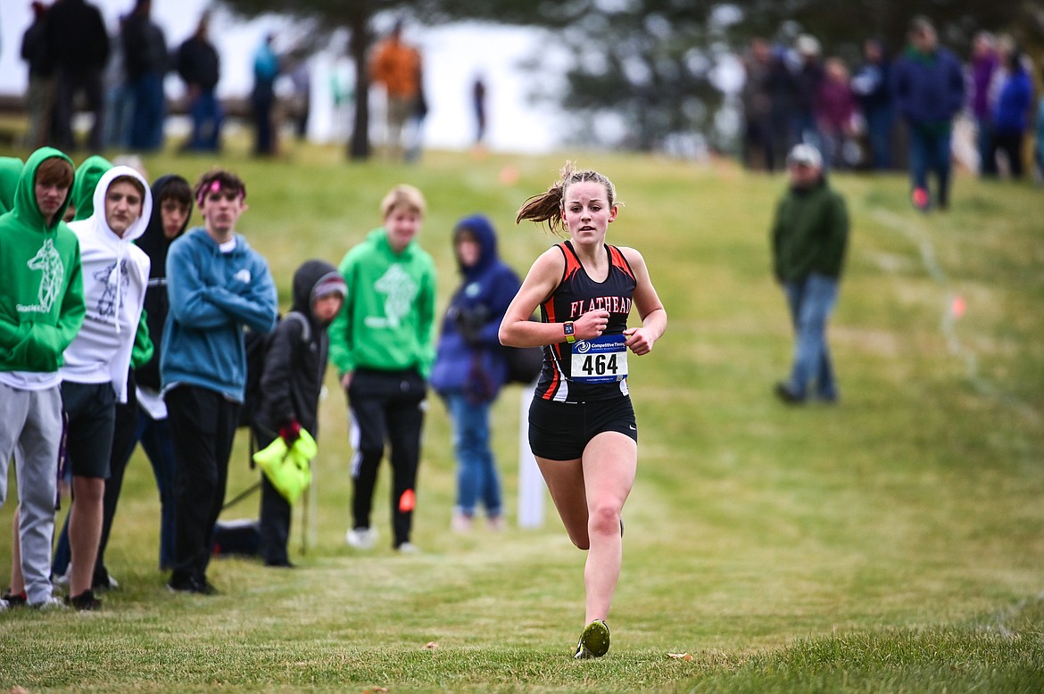 Flathead's Lilli Rumsey Eash heads to the finish line at the Glacier Invite at Rebecca Farm on Wednesday, Oct. 13. (Casey Kreider/Daily Inter Lake)