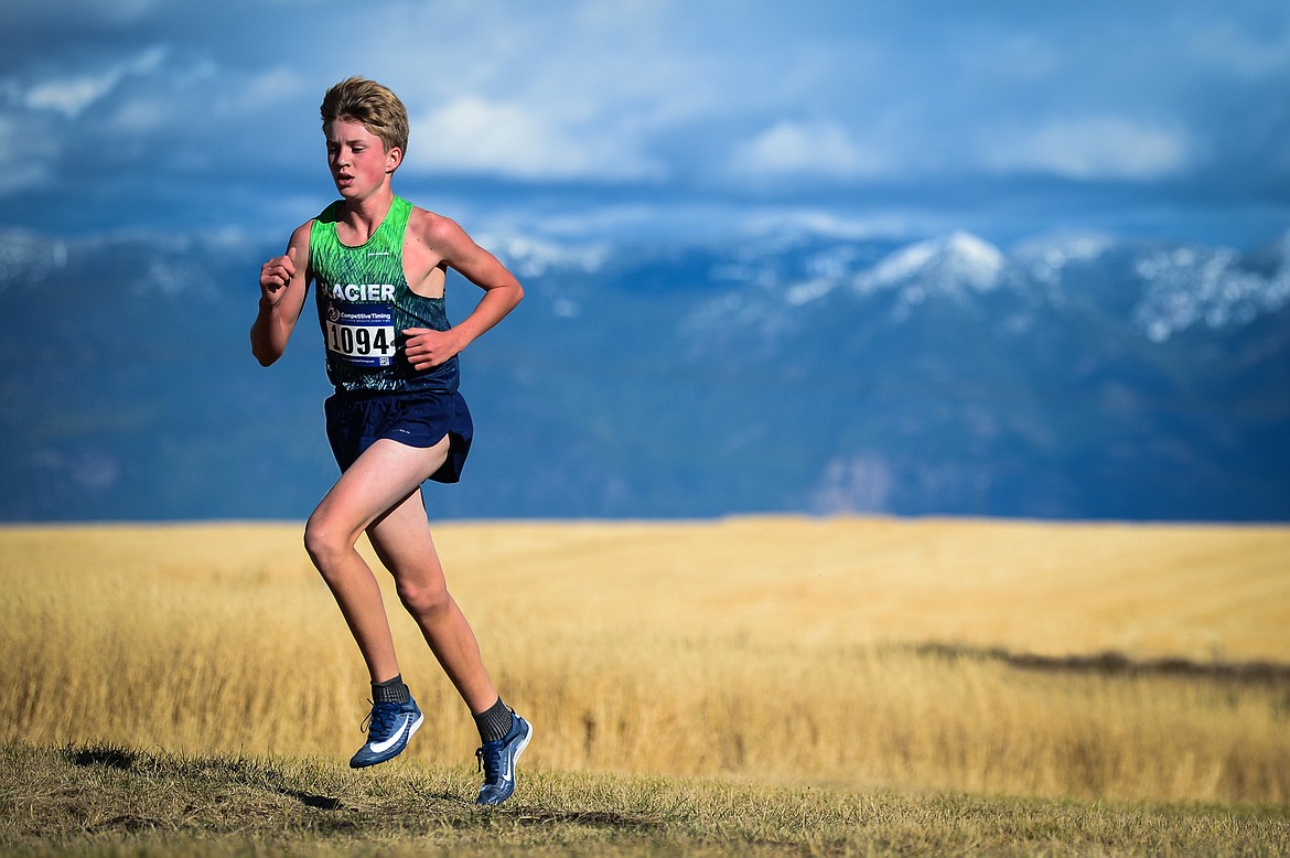 Glacier's Sam Ells climbs a hill during the Glacier Invite at Rebecca Farm on Wednesday, Oct. 14, 2020. (Casey Kreider/Daily Inter Lake)