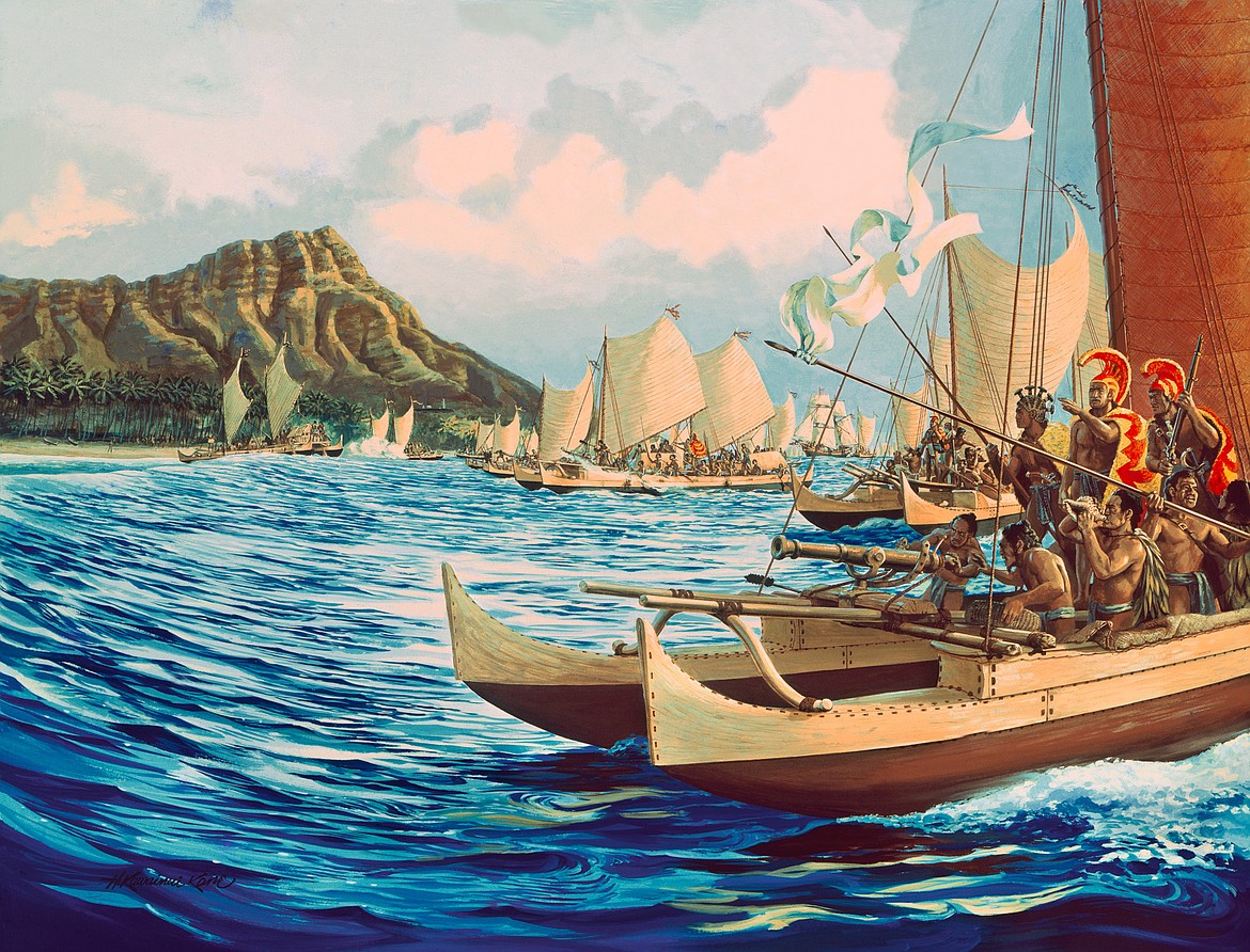 Painting at Royal Hawaiian Hotel by Herb Kane (1928-2011) of King Kamehameha I’s fleet invading Waikiki to take over Oahu in his campaign to unite the Hawaiian Islands in 1795.