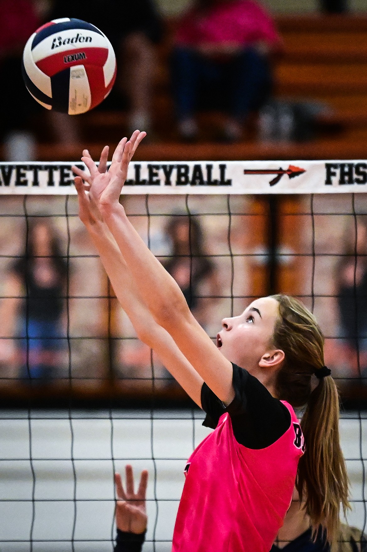 Flathead's Kennedy Moore (9) sets for a teammate against Glacier at Flathead High School on Thursday, Oct. 14. (Casey Kreider/Daily Inter Lake)