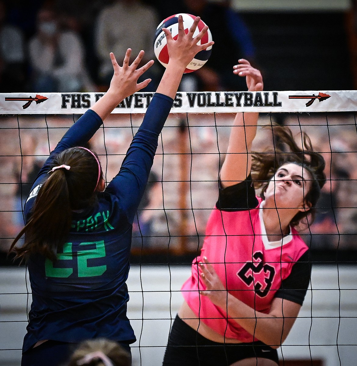 Flathead's Savanna Sterck (23) goes up for a kill against Glacier's Madeline Davis (22) at Flathead High School on Thursday, Oct. 14. (Casey Kreider/Daily Inter Lake)