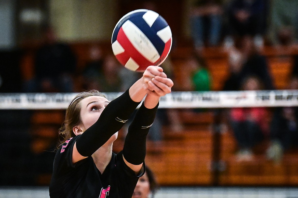 Flathead's Cyan Mooney (6) sets for a teammate against Glacier at Flathead High School on Thursday, Oct. 14. (Casey Kreider/Daily Inter Lake)