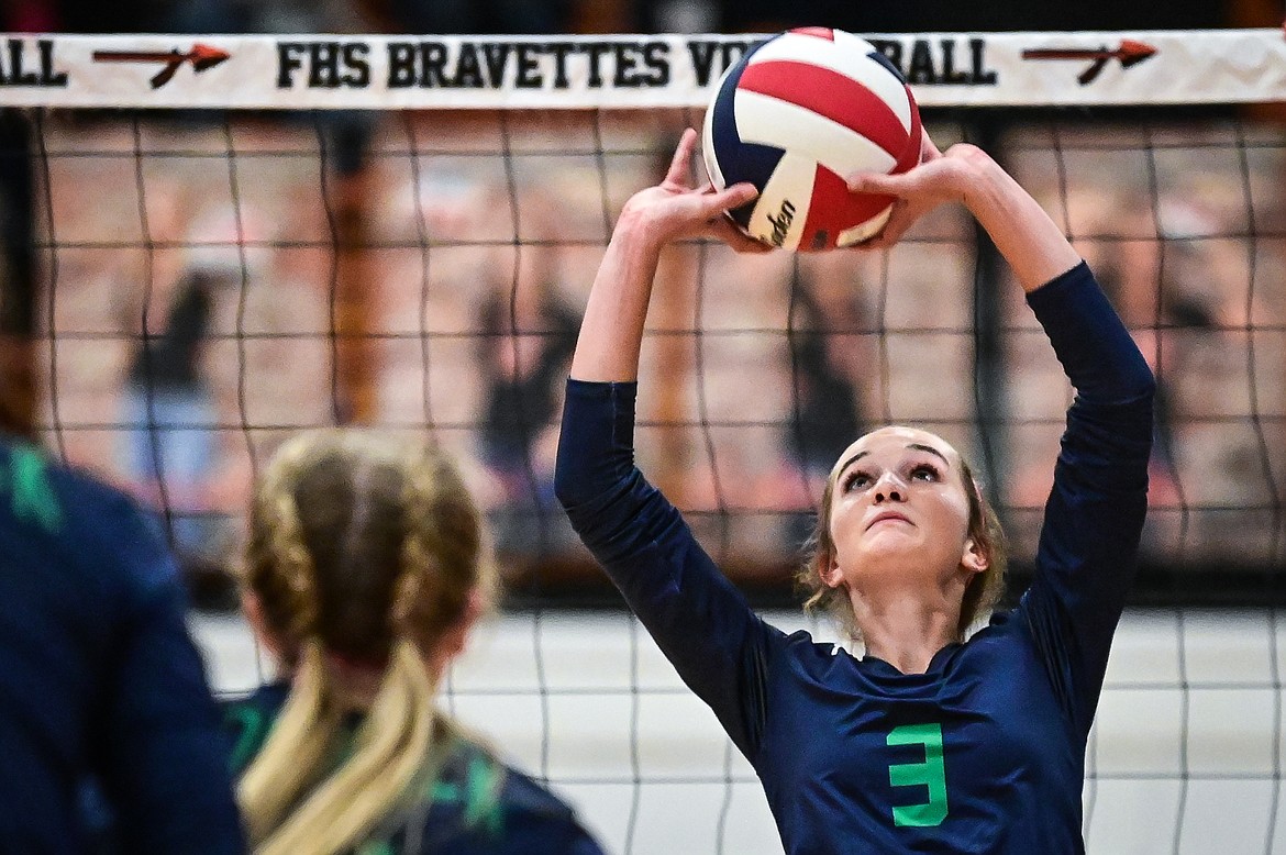 Glacier's Haven Speer (3) sets for a teammate against Flathead at Flathead High School on Thursday, Oct. 14. (Casey Kreider/Daily Inter Lake)