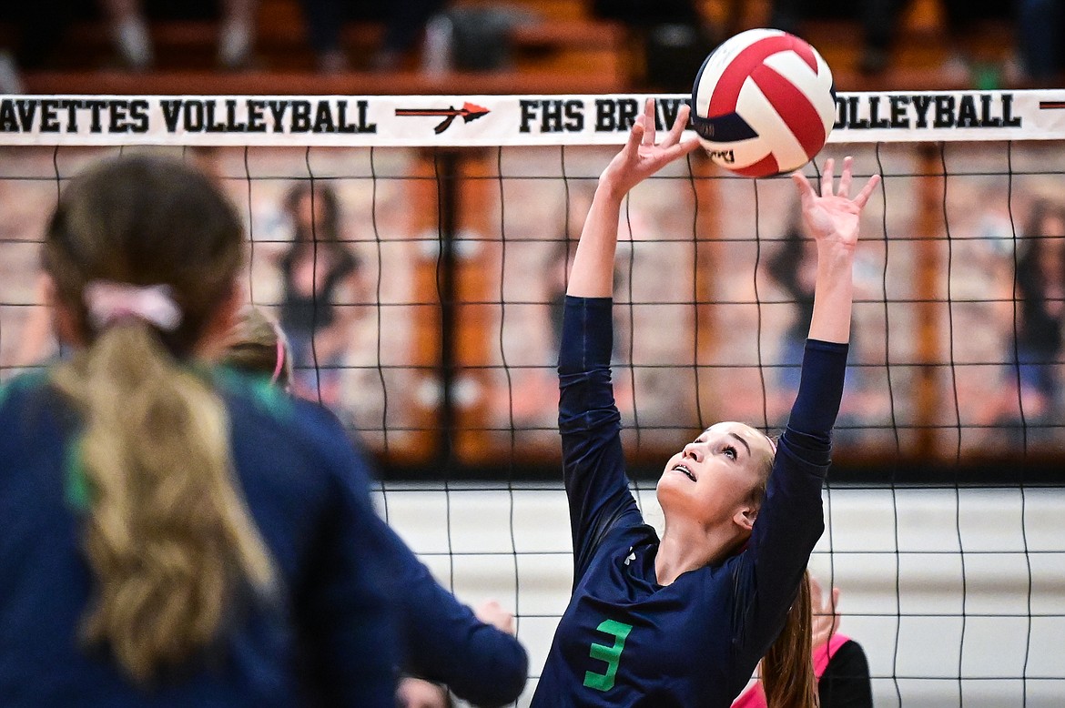 Glacier's Haven Speer (3) sets for a teammate against Flathead at Flathead High School on Thursday, Oct. 14. (Casey Kreider/Daily Inter Lake