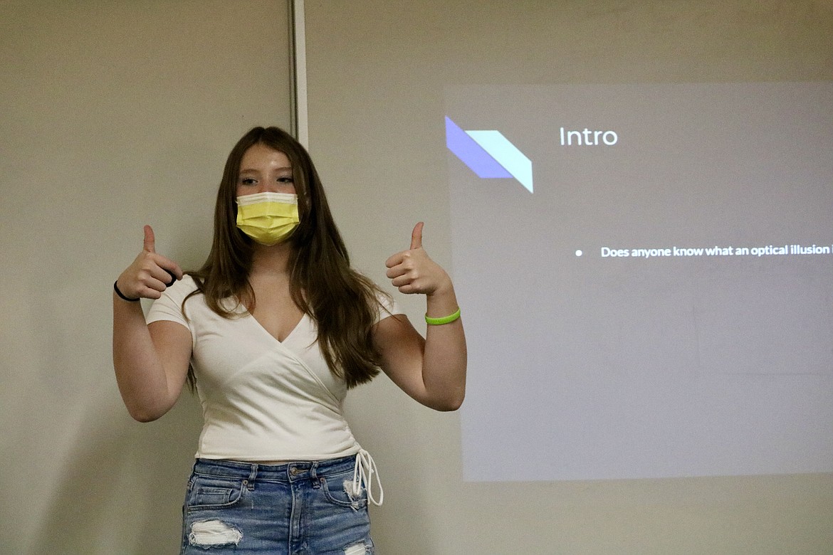 Adeline Smith, a freshman at Lake City High School, taught a lesson on optical illusion on Wednesday during STEAM club, an afterschool program she co-developed. The program piloted at Borah Elementary School and is planned for expansion throughout the district this spring. HANNAH NEFF/Press