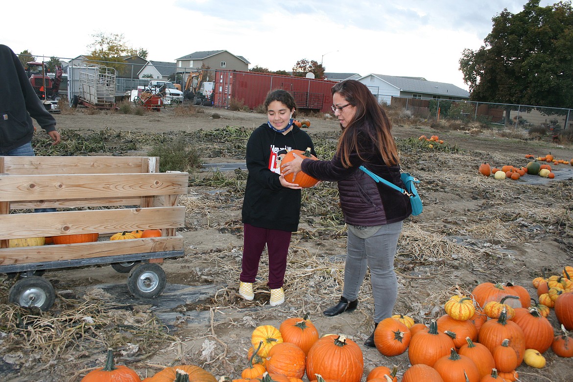 Anita Reyna (right) and her niece Alyssa make their selection from the Moses Lake High School FFA pumpkin patch Wednesday.