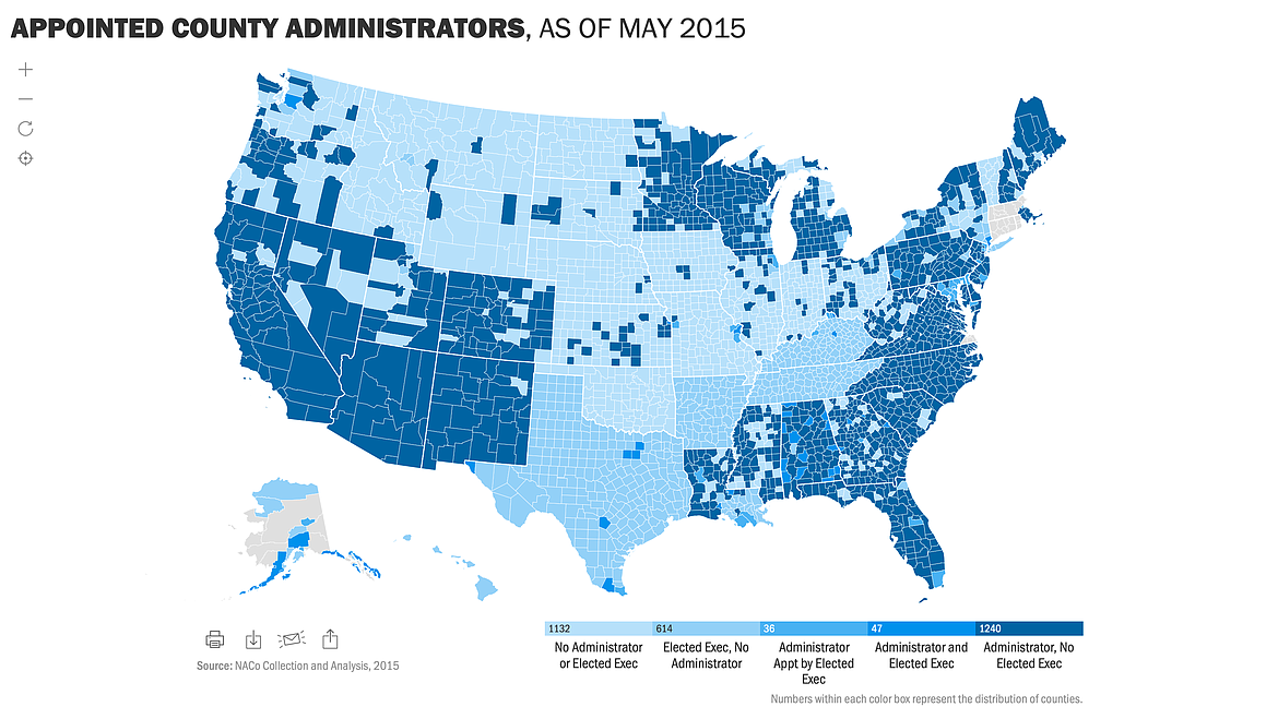 According to the National Association of Counties interactive database, 43% of U.S. counties have an administrator figure and 63%, had either an administrator or elected executive. Photo courtesy NACo.