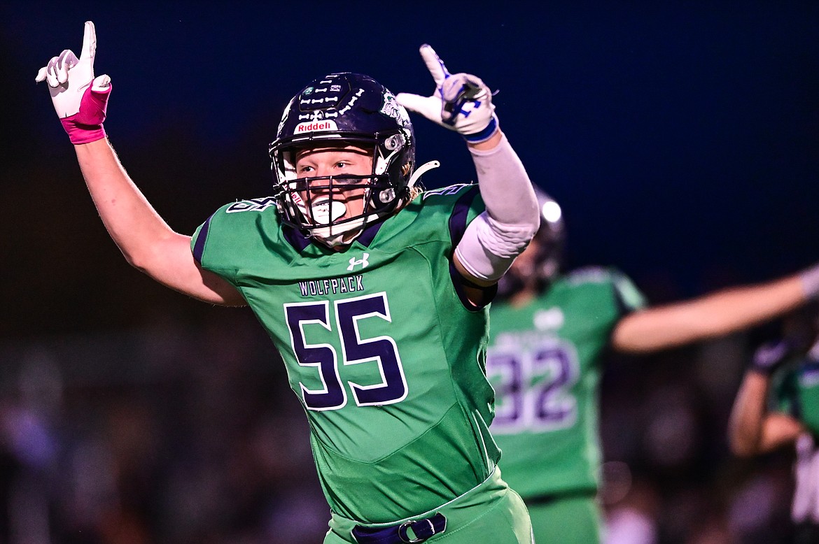 Glacier defensive lineman Erik Junk (55) celebrates after causing a fumble in the first quarter against Flathead at Legends Stadium on Friday, Oct. 15. (Casey Kreider/Daily Inter Lake)