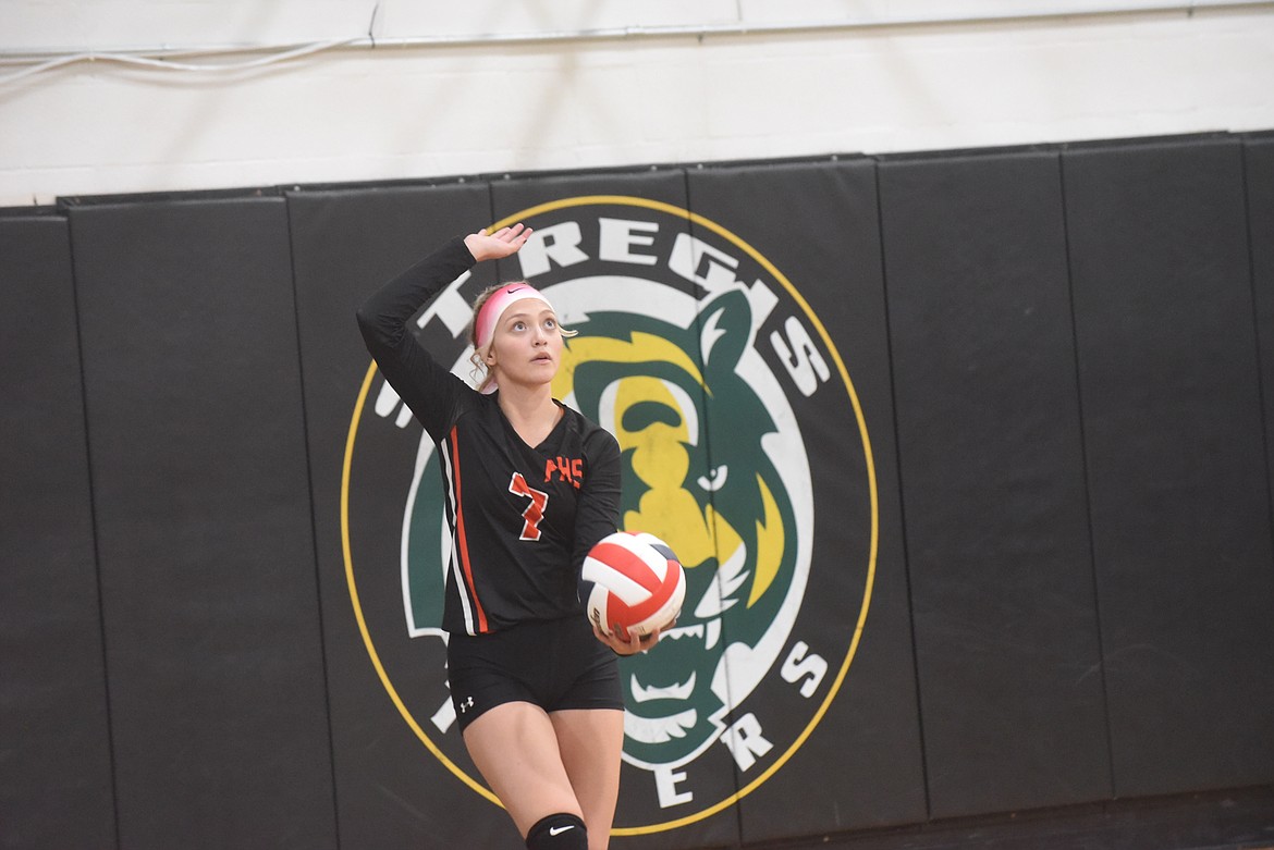 Plains Trotters player Kaylah Standeford prepares to serve against St. Regis during last Thursday’s match. (Scott Shindledecker/Valley Press)