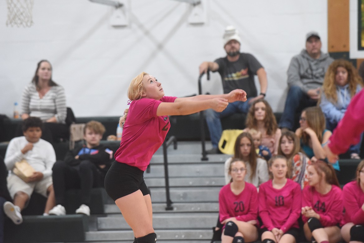 St. Regis Lady Tigers player Taylor Hurd waits on a ball during last Thursday’s match. (Scott Shindledecker/Mineral Independent)