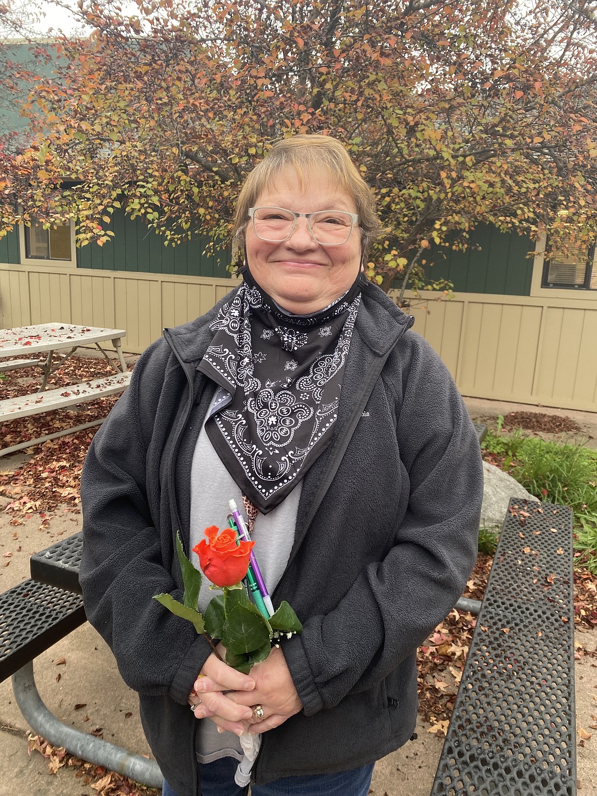 TESH client Gloria Paschal received a rose from her teacher Sandy.
