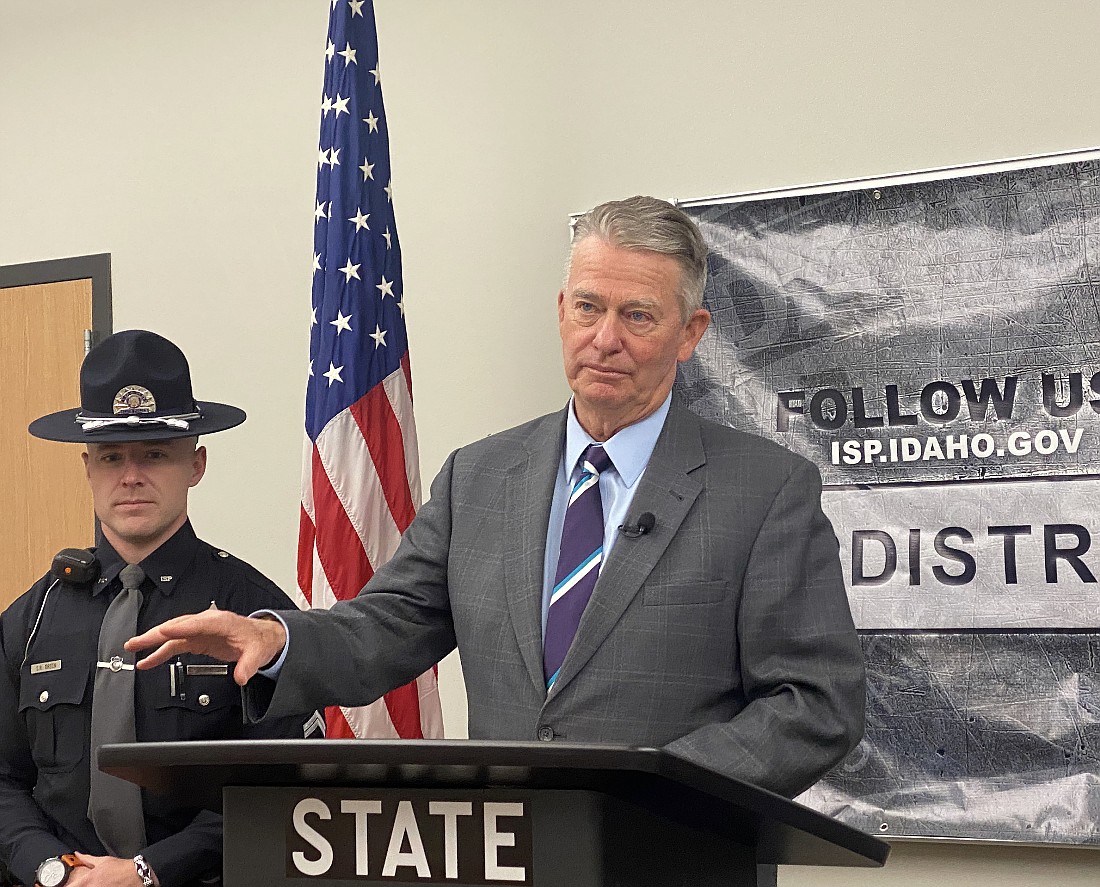 Gov. Brad Little, right, was joined by several Idaho State Police troopers on Friday to discuss his experience at the U.S.-Mexico border earlier this month. (MADISON HARDY/Press)