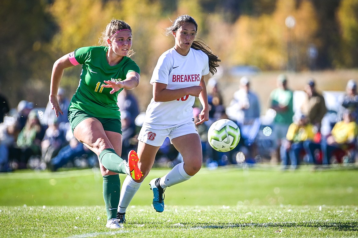 Whitefish's Emma Barron (11) scores a goal in the first half against Loyola Sacred Heart at Smith Fields on Saturday, Oct. 16. (Casey Kreider/Daily Inter Lake)