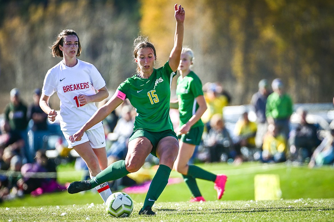 Whitefish's Anna Akey (15) scores a goal in the first half against Loyola Sacred Heart at Smith Fields on Saturday, Oct. 16. (Casey Kreider/Daily Inter Lake)
