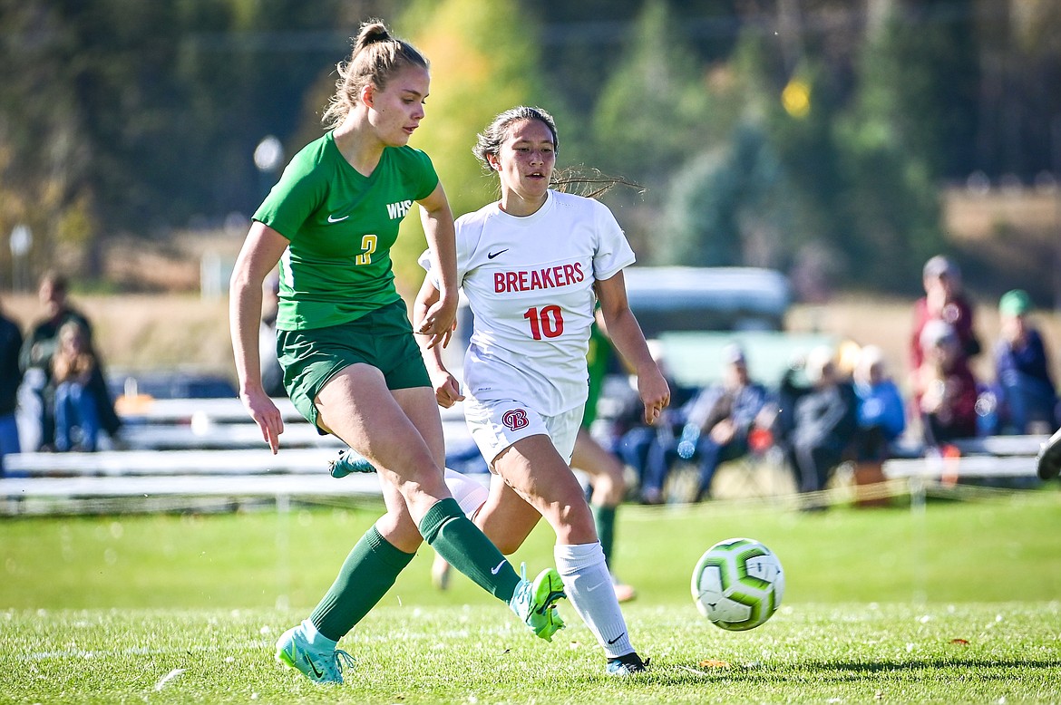 Whitefish's Olivia Genovese (3) scores a goal in the first half against Loyola Sacred Heart at Smith Fields on Saturday, Oct. 16. (Casey Kreider/Daily Inter Lake)