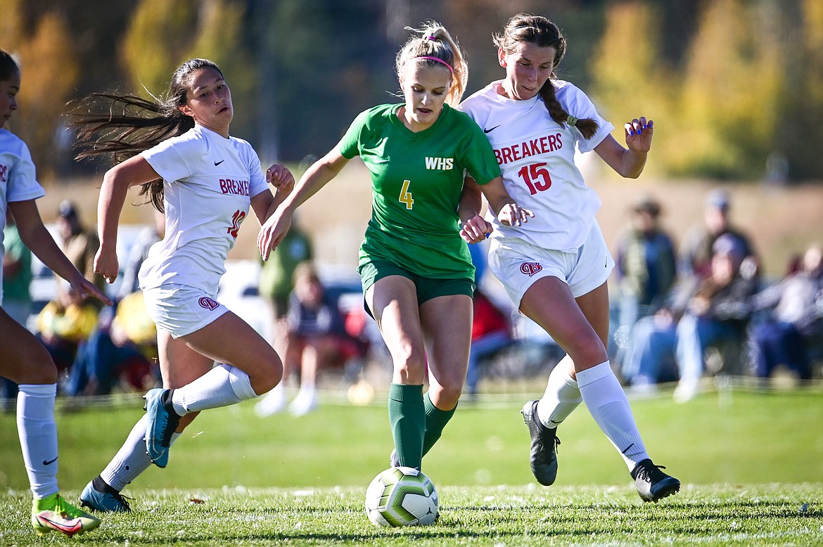 Whitefish's Sophie Olson (4) pushes the ball upfield in the first half against Loyola Sacred Heart at Smith Fields on Saturday, Oct. 16. (Casey Kreider/Daily Inter Lake)