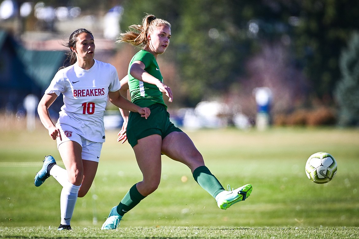 Whitefish's Olivia Genovese (3) looks to shoot in the first half against Loyola Sacred Heart at Smith Fields on Saturday, Oct. 16. (Casey Kreider/Daily Inter Lake)