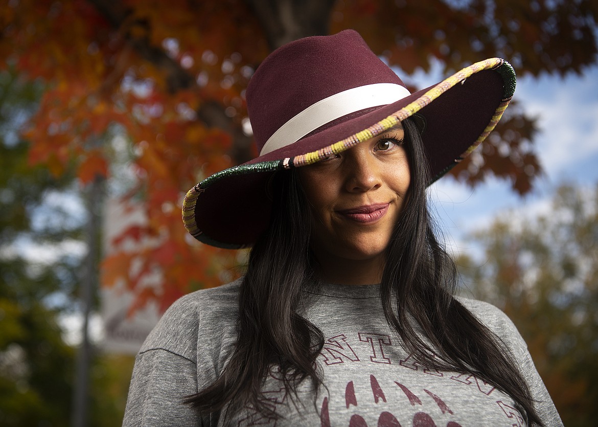 Aspen Decker, a linguistic master's student at the University of Montana and Salish language teacher, poses for a portrait on campus in Missoula, Mont., Thursday, Oct. 7, 2021. Decker is making it her goal to preserve the Salish language. (Ben Allan Smith/The Missoulian via AP)