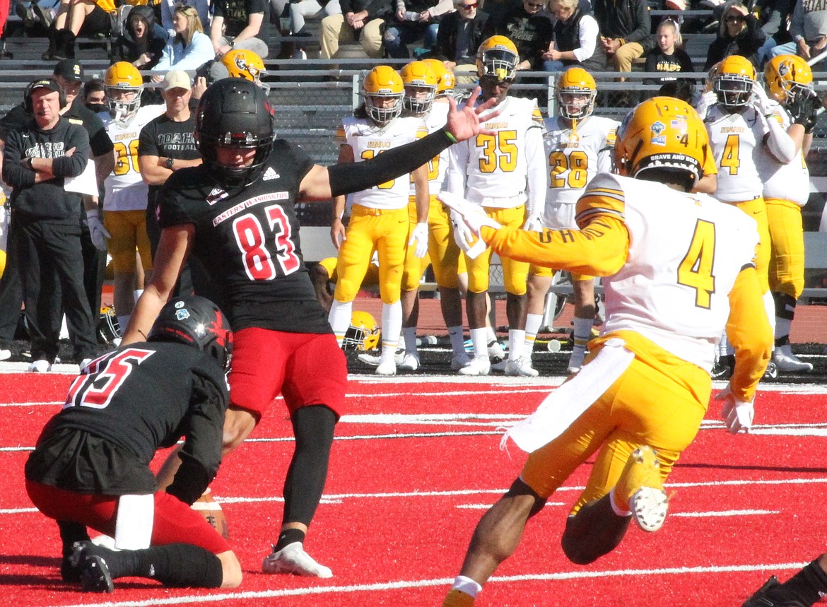 MARK NELKE/Press
Eastern Washington's Seth Harrison, a sophomore from Coeur d'Alene High, was busy on Saturday, kicking nine extra points in nine tries vs. Idaho at Roos Field in Cheney.