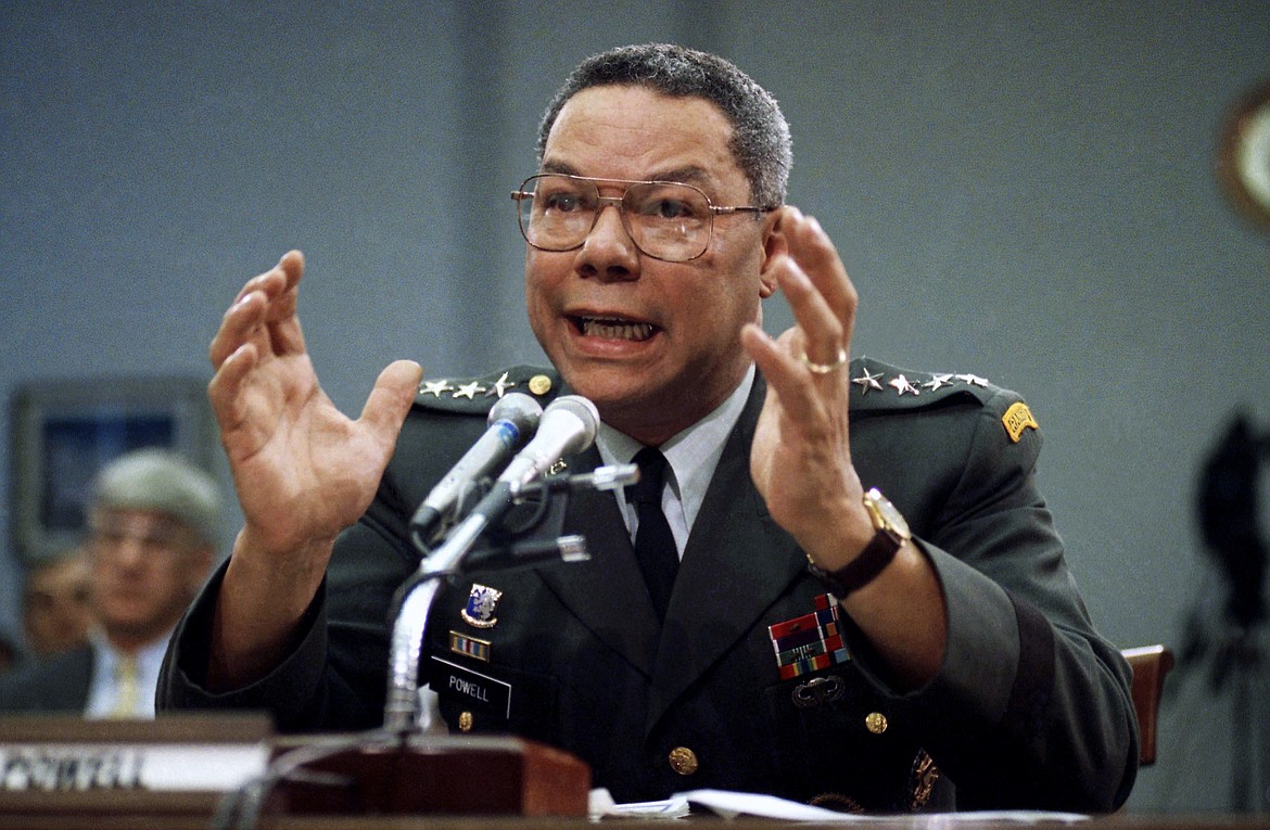 In this Sept. 25, 1991, file photo, Gen. Colin Powell, chairman of the Joint Chiefs of Staff, speaks on Capitol Hill in Washington, at a House Armed Services subcommittee. Powell, former Joint Chiefs chairman and secretary of state, has died from COVID-19 complications. In an announcement on social media Monday, the family said Powell had been fully vaccinated. He was 84. (AP Photo/Marcy Nighswander, File)