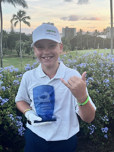 Courtesy photo
Hunter Paquin, a sixth-grader at Canfield Middle School in Coeur d'Alene, won his age group at the U.S. Kids Golf Hawaii State Invitational in early October at Pearl Country Club in Aiea, Hawaii. Paquin, who lives in Hayden and plays out of Avondale Golf Club in Hayden Lake under the tutelage of pro Taylor Porter, shot rounds of 85 and 82 to win the Boys 11 division. Hunter won the U.S. Kids Golf Portland Tour in the spring, and was invited by US Kids to the tourney in Hawaii. "He is a big Disney fan and it was about 20 minutes from the Disney Aulani resort, so we decided to accept and go," said his father, Steven Paquin. Dad says even in the winter they travel to Oregon almost every weekend so Hunter can play in the U.S. Kids Golf series there. "Just a fun-loving kid but when he puts his mind to something he goes after it," Steven said. "His 10-year-old brother Cole also plays and they are very competitive against each other."