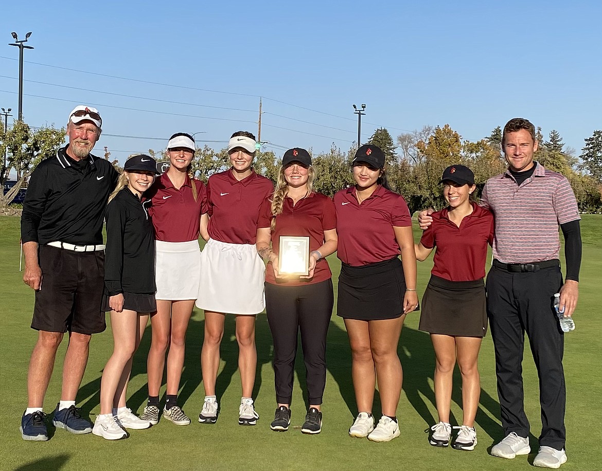 Courtesy photo
The North Idaho College women's golf team won the 2021 NWAC Championship Preview on Tuesday at Apple Tree Golf Course in Yakima, Wash. From left are assistant coach Russ Grove, Caitlin O’Connor, Mckenly Day, Navy Wood, Megan Light, Bella Gopwani, Emily Elliott and head coach Russell Grove.