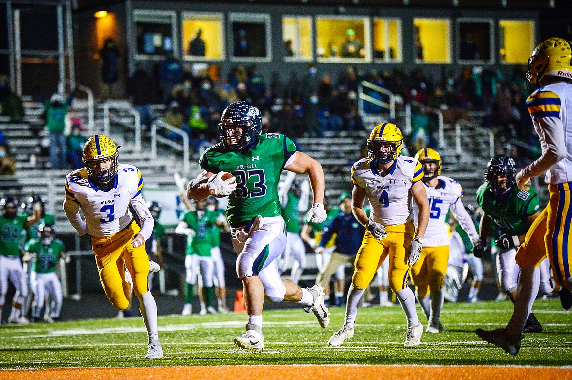 Glacier running back Jake Rendina (33) heads into the end zone on a touchdown run in the second quarter against Missoula Big Sky at Legends Stadium on Friday. (Casey Kreider/Daily Inter Lake)